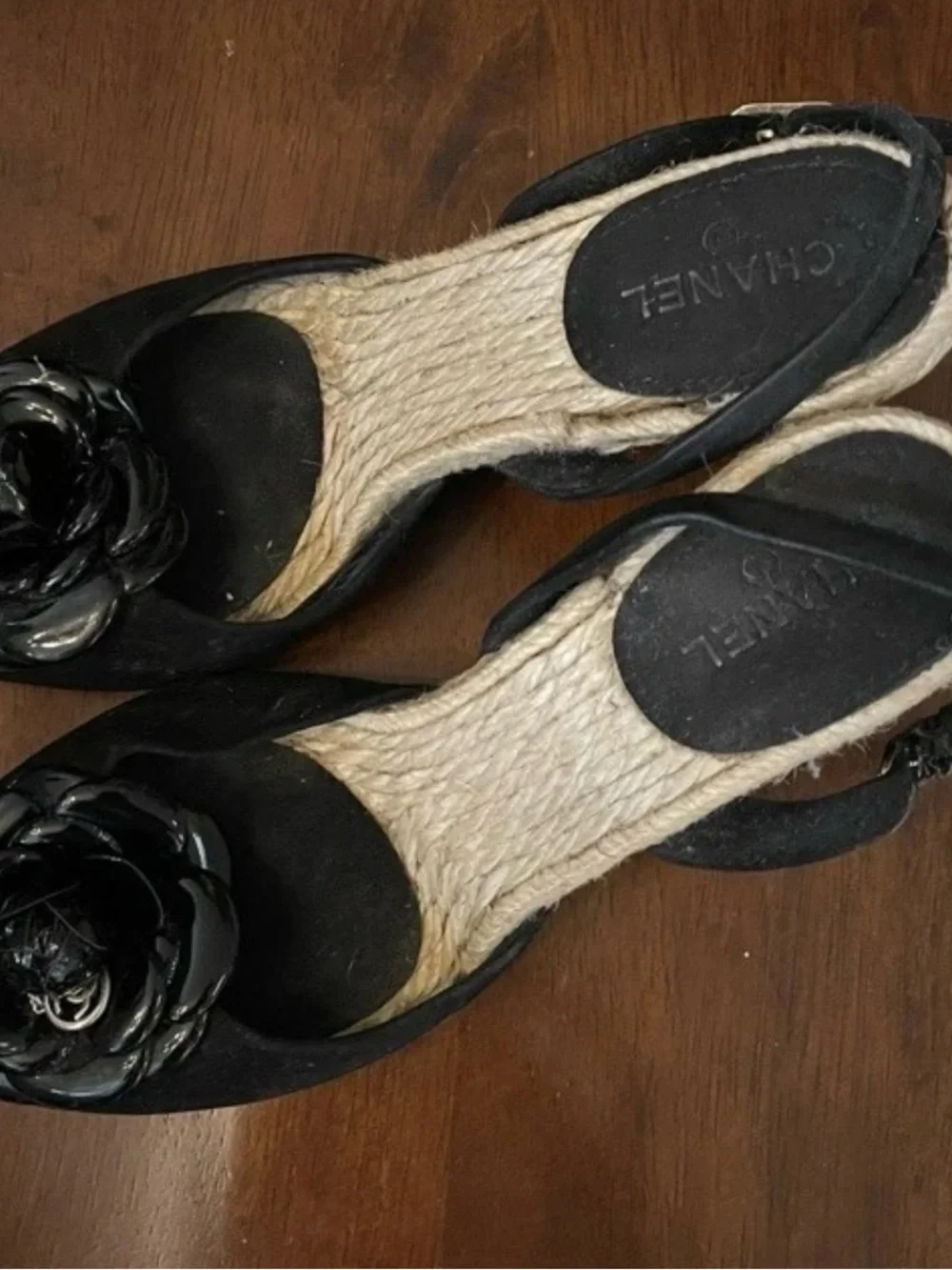 Authentic CHANEL Black Camellia Espadrille Slingback Sandals 37